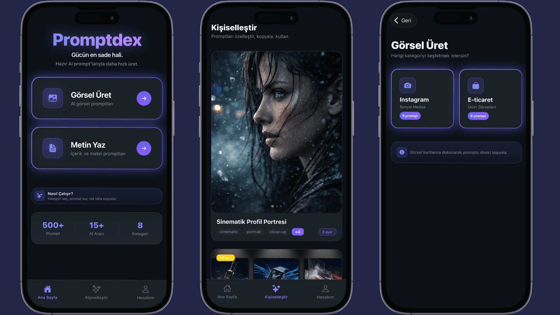 Promptdex mobil uygulama arayüzü, sosyal medya ve e-ticaret için yapay zekâ destekli içerik üretimi